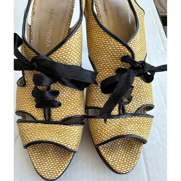 Ramon Tenza Spain Raffia Slingback Heels Peep Toe Black Trim Resort Wedding 7 - Picture 3 of 11